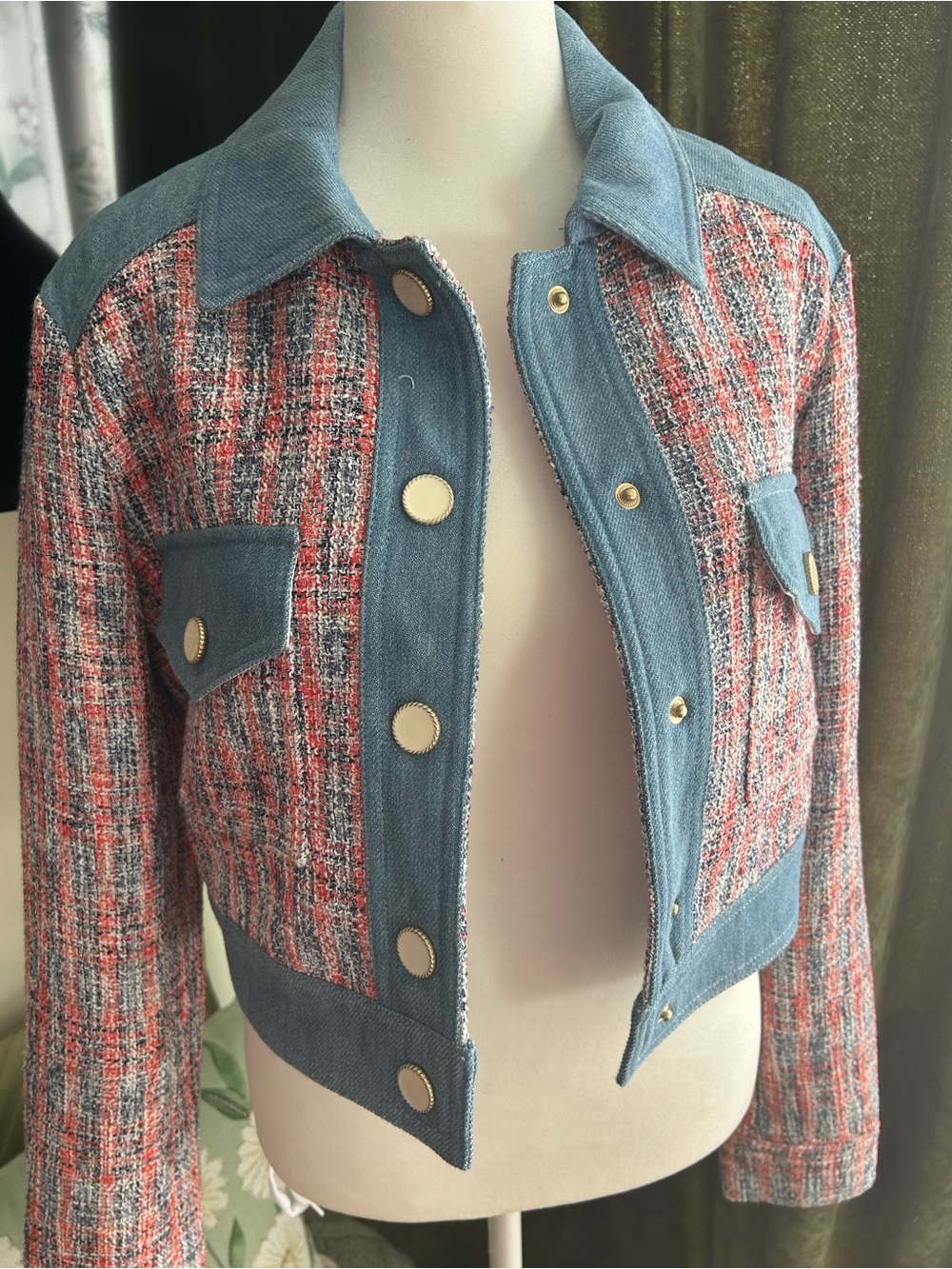 Denim-Trim Red Tweed Cropped Jacket